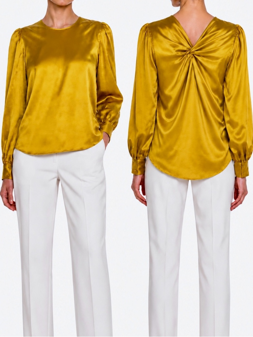 KATE SPADE Silky Gold Mustard Twist-Front Blouse Women’s Top